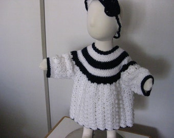 Crochet Knit Baby Dress - 6-9 mois - Blanc & Marine - Bandeau assorti - Baby Shower Gift - Baby Girl Apparel - Vêtements