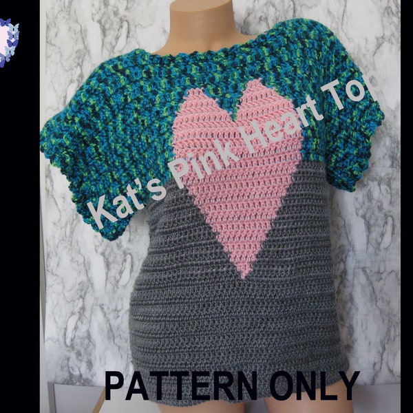 CROCHET PATTERN - Kats Pink Heart Woman's Top - Color Block Design - Crochet Instructions - How To - Teal and Gray - Knit - Download