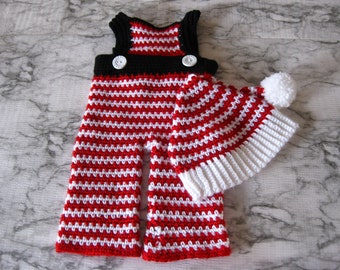 Holiday Baby Boy Overalls - Girl Candy Cane Overalls with Santa Hat - Red & White Crochet Baby Outfit - Christmas Baby Clothes - Baby Gift