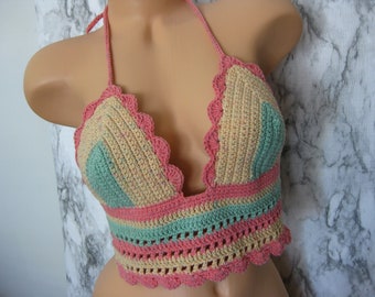 Crochet Knit Summer Halter Top - Trendy - Cotton Yarn - Southwest Colors - Bralette - Cropped Top - Boho - Summer Fashion