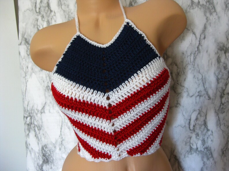 Hippie Style Boho 4th of July Fashion Top Red White /& Blue Crochet Halter Crop Top Women/'s Summer Cropped Tops