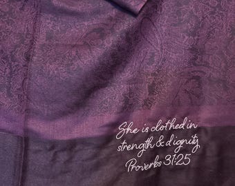 Bufanda tipo chal con oraciones y versículos bíblicos de Proverbios morados