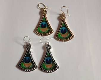 Peacock Feather Earrings, Brass Hoop Earrings, Indian Style Earrings, Silver Earrings, Snake Earrings