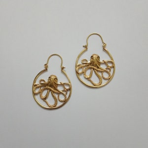 Octopus Hoop Earrings, Animal Earrings, Brass hoop Earrings, Silver Earrings, lightweight Earrings, Aquatic jewelry image 2