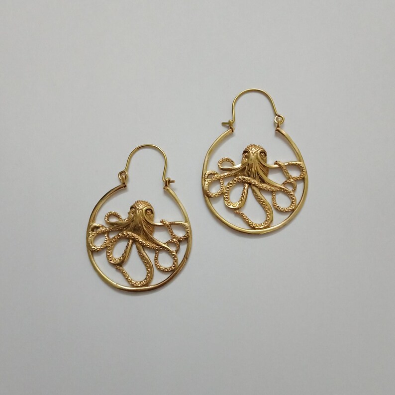 Octopus Hoop Earrings, Animal Earrings, Brass hoop Earrings, Silver Earrings, lightweight Earrings, Aquatic jewelry image 2