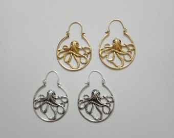 Octopus Hoop Earrings,  Animal Earrings, Brass hoop Earrings, Silver Earrings, lightweight Earrings, Aquatic jewelry