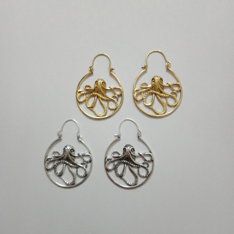 Octopus Hoop Earrings, Animal Earrings, Brass hoop Earrings, Silver Earrings, lightweight Earrings, Aquatic jewelry image 1