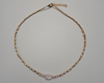 Rose Quartz necklace, Beaded Brass Necklace, Gemstone necklace