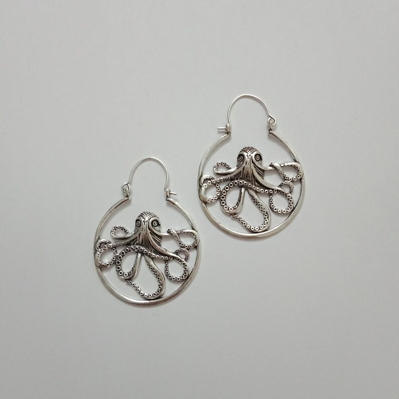 Octopus Hoop Earrings, Animal Earrings, Brass hoop Earrings, Silver Earrings, lightweight Earrings, Aquatic jewelry image 3