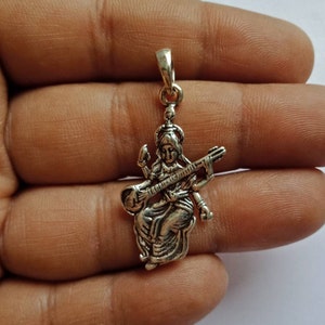 Saraswati Pendant, Sterling Silver Pendant, Goddess of Knowledge, wisdom, 925, Hindu Goddess