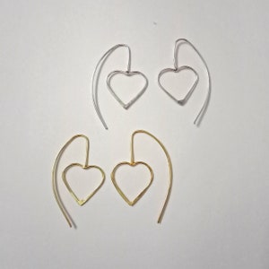 Heart Earrings, Brass Earrings, Lightweight, Everyday Earrings, Hoop Earrings, Dainty Heart Dangle Earrings, Gift for Her, Gold, Silver