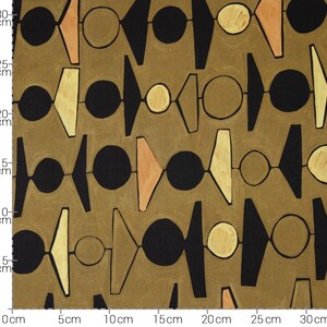Könnte beinhalten: Ein sich wiederholendes Muster aus geometrischen Formen in Schwarz, Beige und Orange auf braunem Hintergrund. Die Formen umfassen Kreise, Dreiecke und Rechtecke.