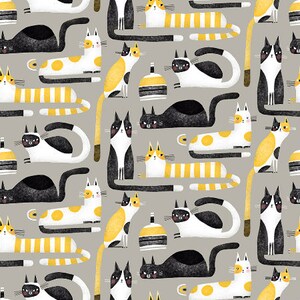 Könnte beinhalten: Ein nahtloses Muster mit schwarzen, weißen und gelben Katzen mit verschiedenen Flecken und Streifen. Die Katzen sind in verschiedenen Posen, einige sitzen, einige stehen und einige liegen. Der Hintergrund ist hellgrau.