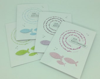 Greeting card for confirmation, confirmation or communion with stamped circular text in pastel colours