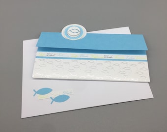 Baptism money gift card, congratulations card in green or light blue with a fish motif