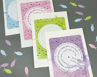 Double cover greeting card for confirmation, confirmation or communion with stamped circular text in pastel colors