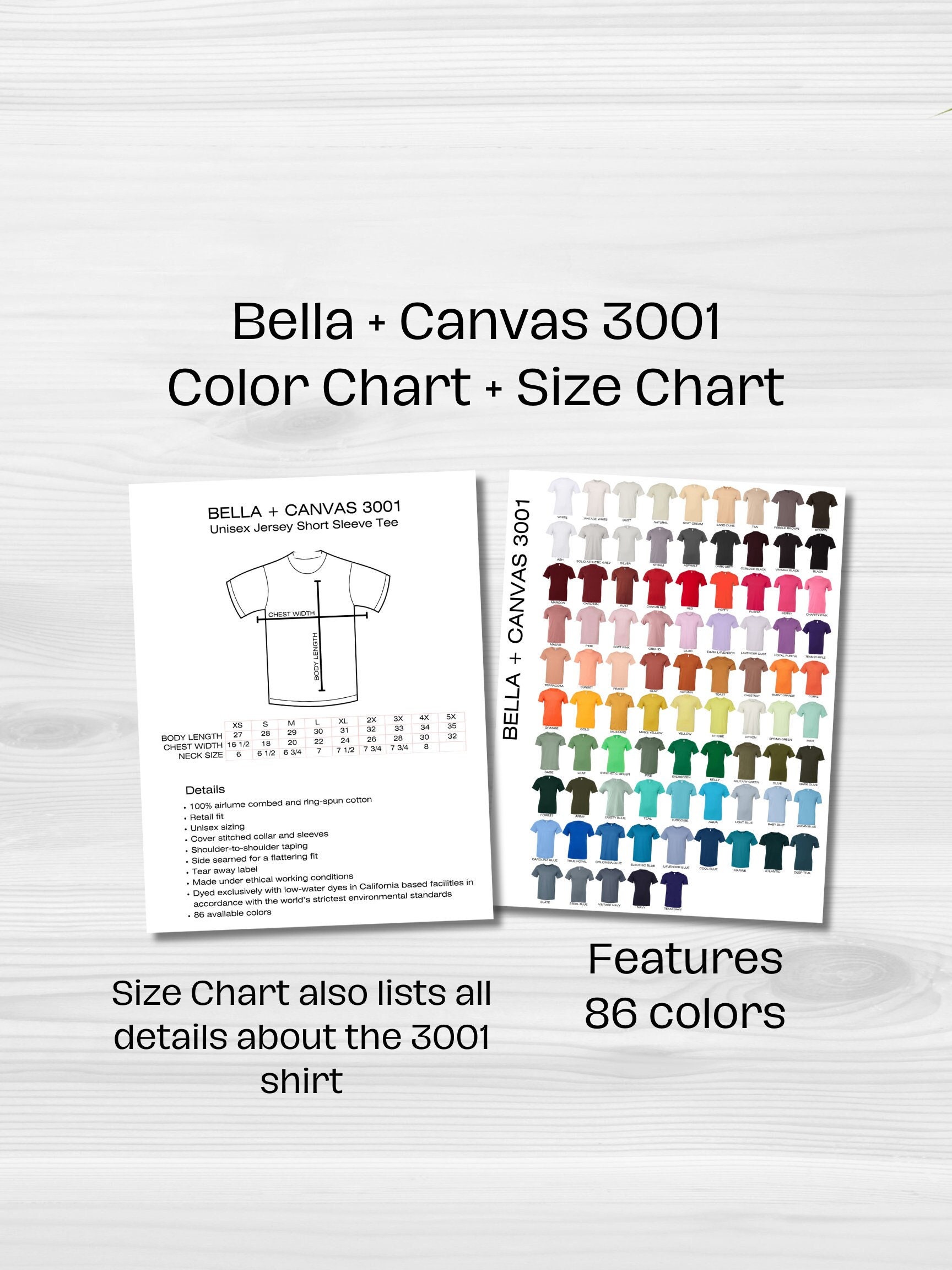 Bella Canvas 3001 Color Chart & Size Chart and Guide Etsy