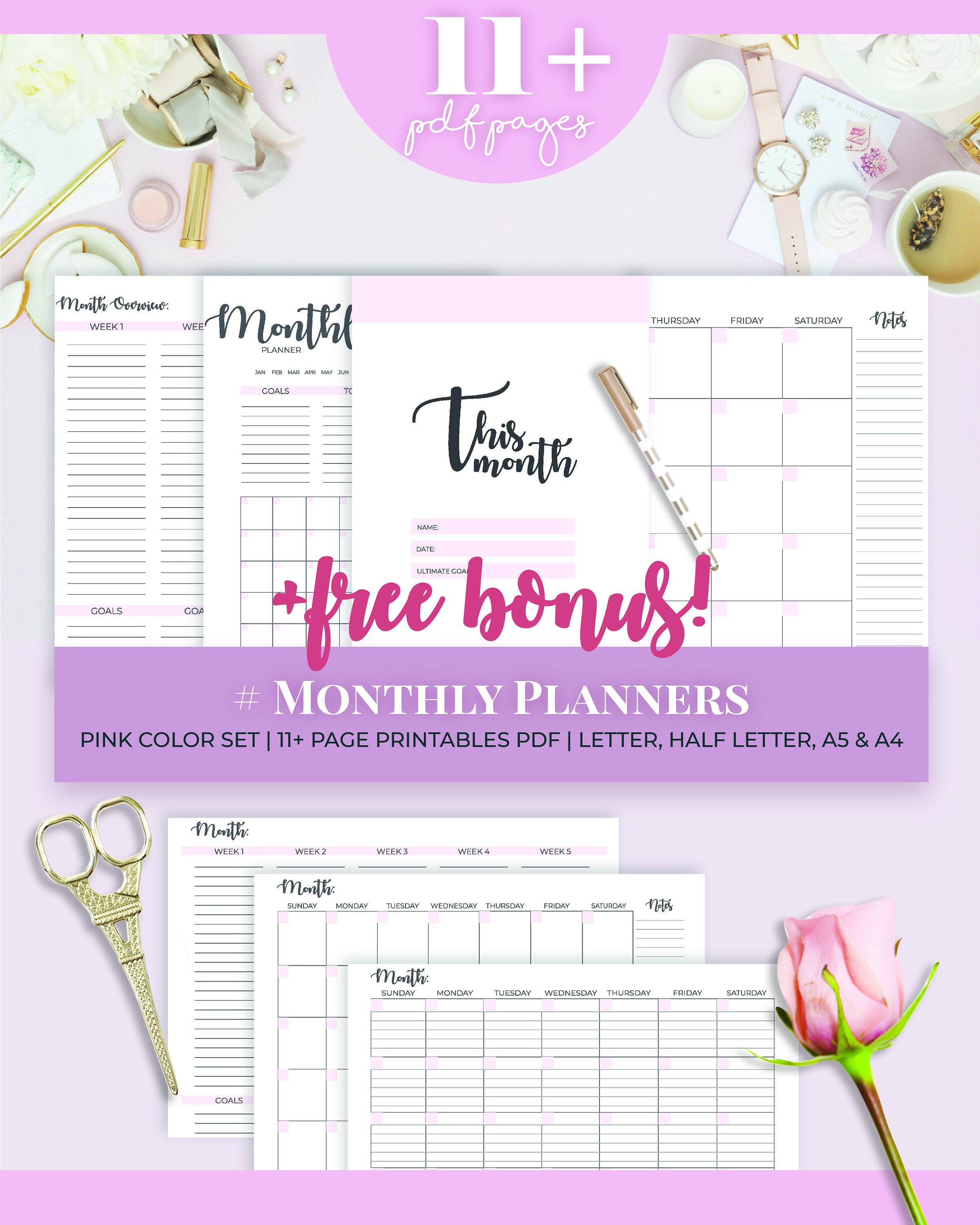 pink monthly calendar inserts