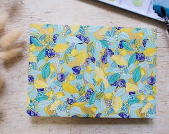 Handmade A5 landscape watercolor notebook, artist notebook, travel notebook, Coptic binding - Leaves, berries, fruits, yellow