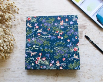 Handmade square watercolor notebook 15x15 cm, artist notebook, travel notebook, Coptic binding - Flowers birds butterflies