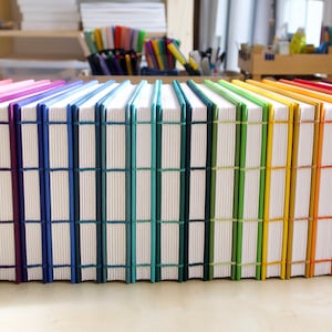Op de afbeelding: Een verzameling handgemaakte journals, gerangschikt in een regenboogspectrum. Elk journal heeft een verschillend gekleurde kaft, variërend van roze tot rood, en is gebonden met witte draad. De pagina's zijn wit en de journals zijn netjes opgestapeld.