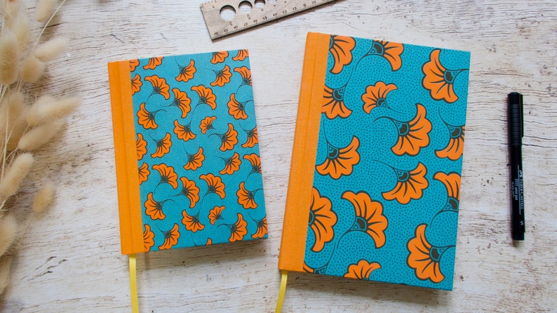 Perpetual diary medium format or A5, handmade, calendar, personal journal Aissa turquoise orange image 1