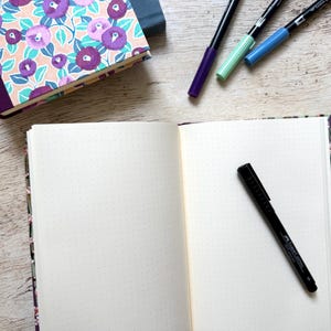 Può includere: Un quaderno aperto con pagine a punti e una penna nera sopra le pagine aperte. Il quaderno ha un design floreale sulla copertina.