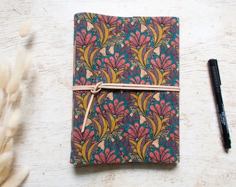 Hand-bound A5 notebook in natural cork floral kaleidoscope printed pattern, traveler's notebook, writer's notebook