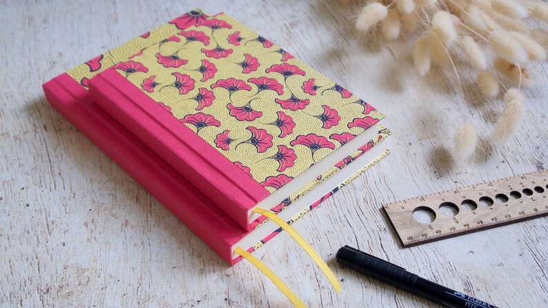 Perpetual diary, medium format or A5, handmade, calendar, personal journal Aissa fuchsia yellow image 2