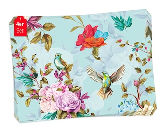 Manteles Individuales I Manteles Individuales Lavables - Paraíso de Pájaros de Colores - Fabricados en Vinilo Premium - Paquete de 4 - 44 x 32 cm - Decoración de Mesa - Fabricado en Alemania