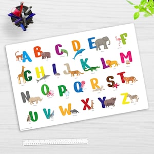 Protector de escritorio lavable - ABC con animales II - protector de escritorio para niños de vinilo premium de primera calidad 60 x 40 mm - Fabricado en Alemania