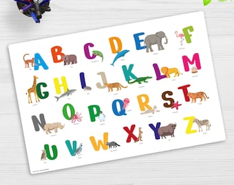 Wasbaar bureauonderlegger - ABC met dieren II - bureauonderlegger voor kinderen van eersteklas premium vinyl 60 x 40 mm - Made in Germany