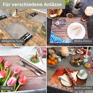 May include: Four different table settings with placemats featuring various themes: everyday, spring, Oktoberfest, and Christmas. The placemats are made of wood and feature different designs and colours.