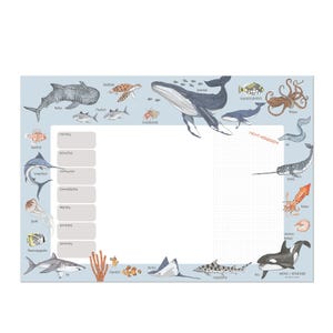 Può includere: Un foglio di pianificazione settimanale azzurro con illustrazioni di varie creature marine, tra cui una balena, uno squalo, un polpo e una tartaruga. Il layout include una colonna per i giorni della settimana e una sezione "NICHT VERGESSEN!"