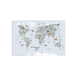 Children's desk mat with world map and animals; washable; gift idea