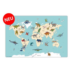Sous-main pour enfants - lavable - carte du monde des dinosaures - en vinyle de qualité supérieure - fabriqué en Allemagne - en 60 x 40 cm