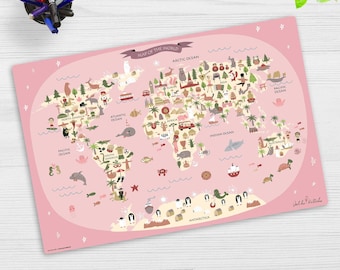 Bureauonderlegger wasbaar - wereldkaart in roze - gemaakt van premium vinyl - made in Germany - in 60 x 40 cm