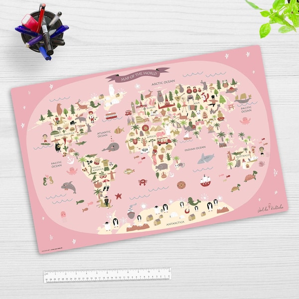 Bureauonderlegger wasbaar - wereldkaart in roze - gemaakt van premium vinyl - made in Germany - in 60 x 40 cm