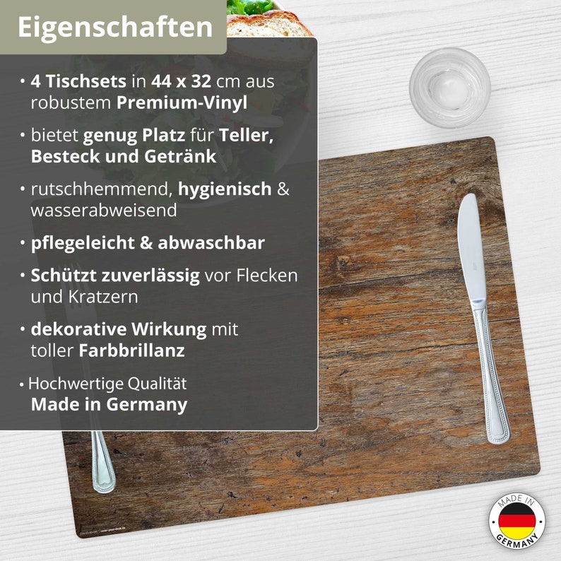 May include: Set of four brown wood-look placemats with a grey text description. The text reads: "4 Tischsets in 44 x 32 cm aus robustem Premium-Vinyl bietet genug Platz f&uuml;r Teller, Besteck und Getr&auml;nk rutschhemmend, hygienisch & wasserabweisend pflegeleicht & abwaschbar Sch&uuml;tzt zuverl&auml;ssig vor Flecken und Kratzern dekorative Wirkung mit toller Farbbrillanz Hochwertige Qualit&auml;t Made in Germany".
