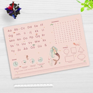 Peut inclure: Un tapis d'apprentissage rose avec une illustration de sirène, l'alphabet, des nombres, des formes et une horloge. Le tapis présente les mots allemands "Einmaleins", "Formen" et "Uhrzeit".