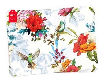 4 Tischsets | Platzsets abwaschbar - Bunte Kolibris mit Wildblumen - aus Premium Vinyl - 44 x 32cm Tischdekoration - Made in Germany