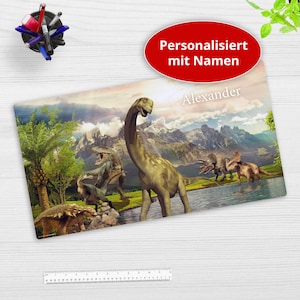 Desk pad – dinosaur landscape with desired name – 74 x 40 cm – children&#39;s desk pad made of premium vinyl – Made in Germany