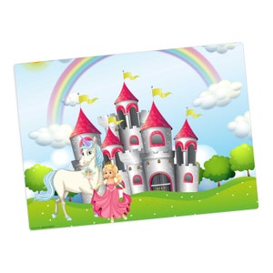 Tischset I Platzset abwaschbar - Märchenschloss Einhorn & Prinzessin - Premium Vinyl - 44 x 32 cm - rutschfest für Kinder - Made in Germany