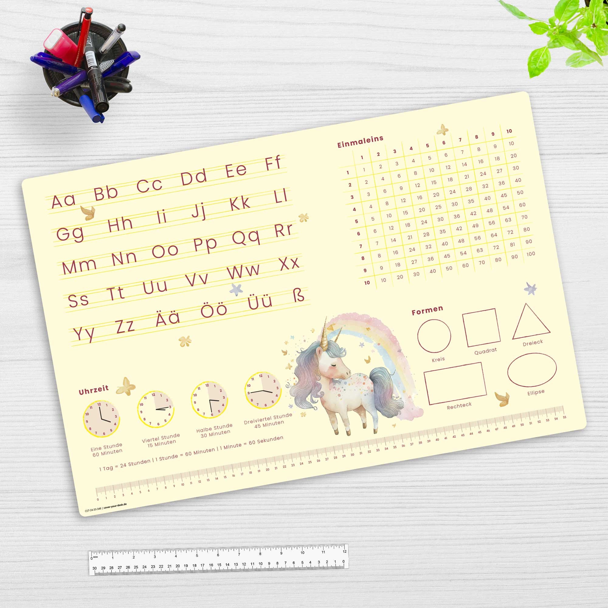 Desk pad for children – learning pad for school enrollment unicorn on yellow – 60 x 40 cm – made of wipe-clean vinyl – Made in Germany