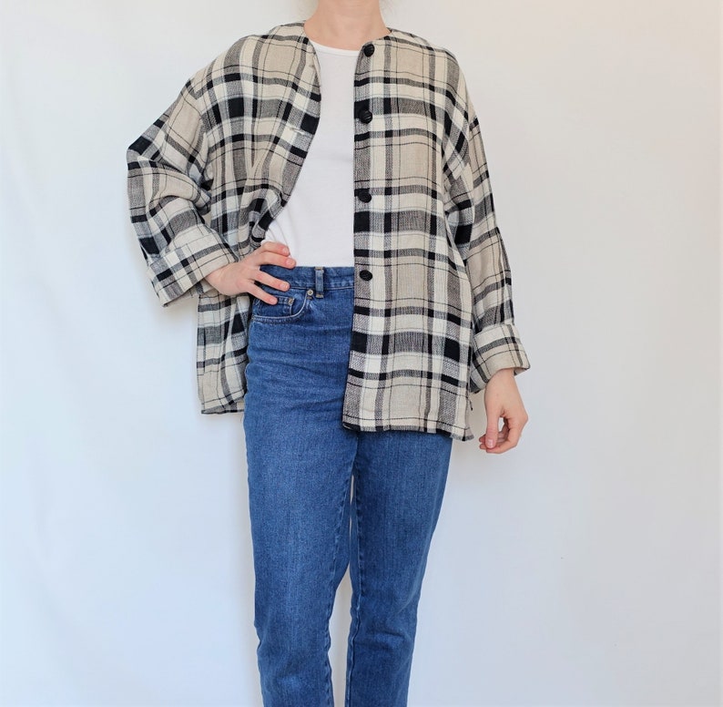 80s vintage plaid blazer Linen blazer kimono Black and white plaid Oversized blazer Size M or L