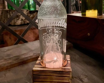 Lantern made from Almdudler bottle - a stand boy - special unique piece with flamed cuboid wooden base