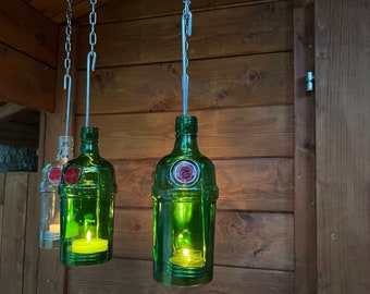 Lantern made from Tanqueray 0.7 gin bottle - a bottle boy (for hanging) in beautiful green - special unique piece with wire insert