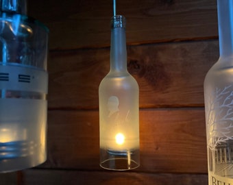 Lantern made from Maybach wine bottle - a bottle boy (for hanging) in milk glass - special unique piece with wire insert