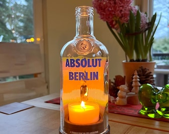 Handmade lantern made from Absolut Vodka bottle - turned wooden base - Berlin TV Tower Limited Edition motif - with tea light