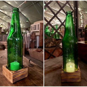 Handmade lantern made from Carlsberg beer bottle – wooden base in cuboid shape – with tea light for a cozy atmosphere